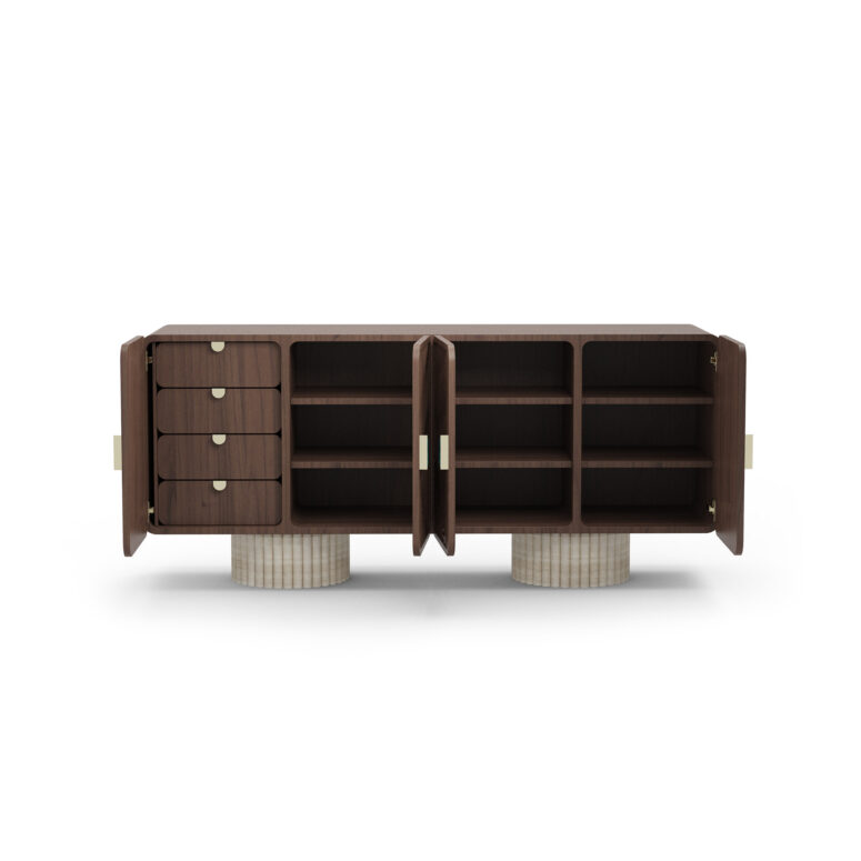 Nolita Harbour Henry Luxury Sideboard with a walnut structure, ribbed travertine legs, and ceramic handles.