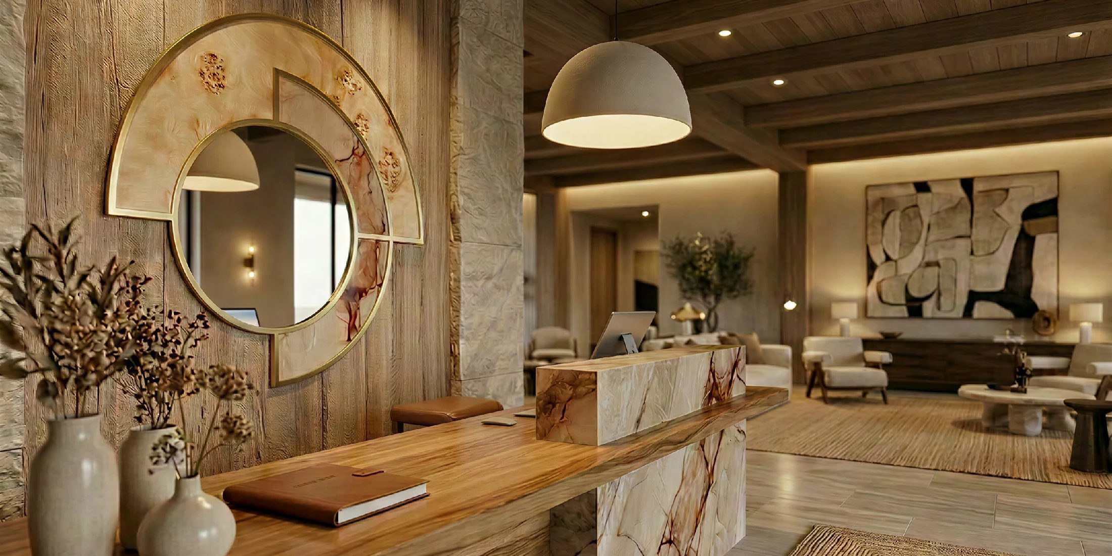 Monique Mirror by Nolita Harbour, luxury wall mirror in brass and Aegean Rose marble featuring clustered round mirrors, placed above a console in a elegant living space with soft lighting, natural textures, and refined decor accents.