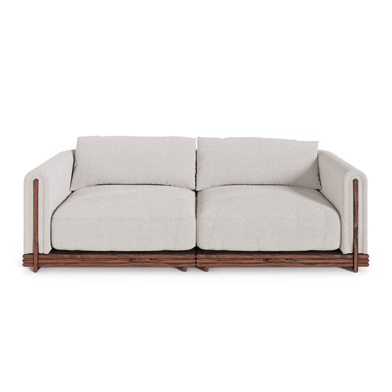 Eva Sofa by Nolita Harbour, featuring boucle upholstery and walnut frame, showcasing modern elegance and comfort for stylish living spaces.