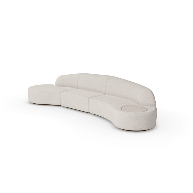 Nolita Harbour Nathalie II Sectional Sofa with plush, curved forms and an integrated circular travertine top.