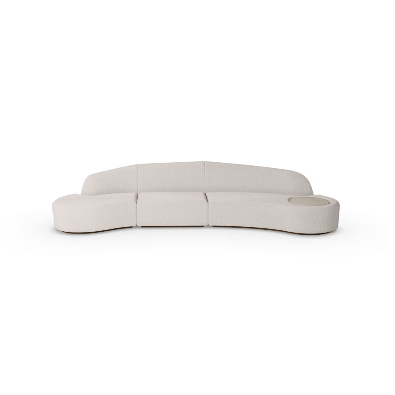 Nolita Harbour Nathalie II Sectional Sofa with plush, curved forms and an integrated circular travertine top.