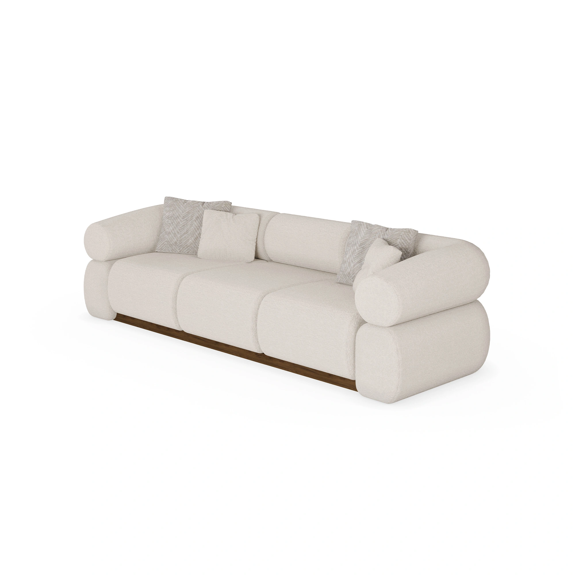 solene-sectional-sofa-front-view-2-nolita-harbour Soléne sectional sofa by Nolita Harbour, bouclé upholstered sofa with walnut base and cylindrical arms, sculptural curved design.