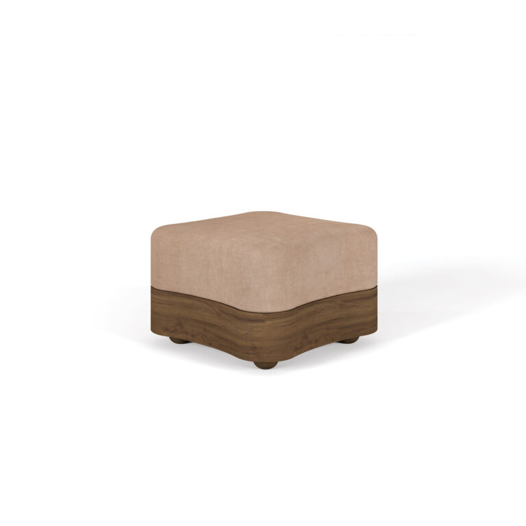 Colleen Stool with upholstered seat and wave-patterned walnut base - 45-degree view