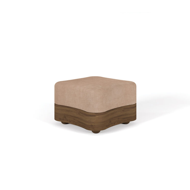 Colleen Stool with upholstered seat and wave-patterned walnut base - 45-degree view