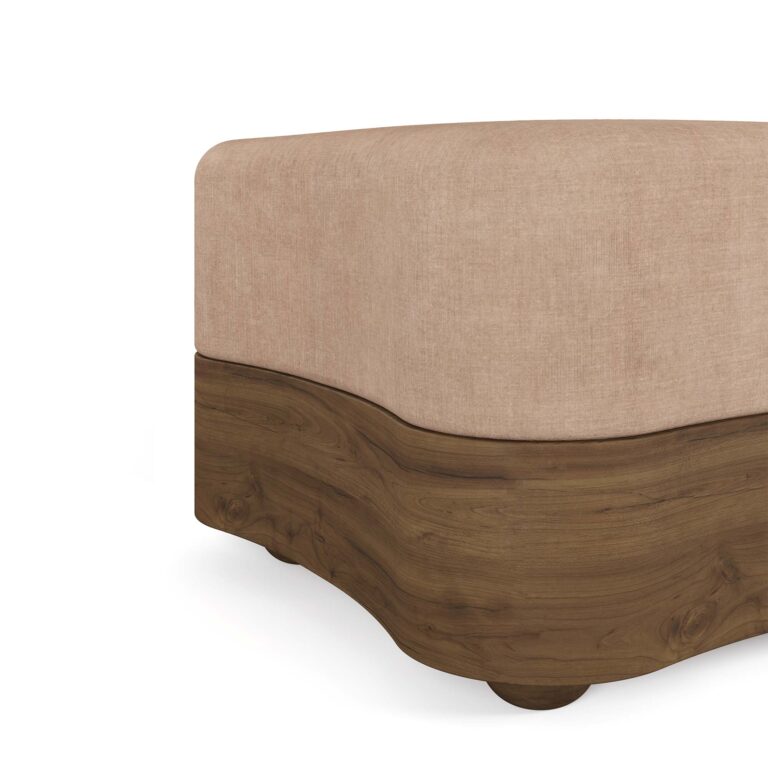 Close-up of Colleen Stool's wave-patterned walnut base and upholstered seat