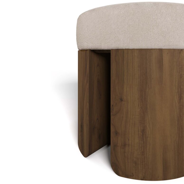 Close-up of Pauline Stool's walnut base and upholstered seat