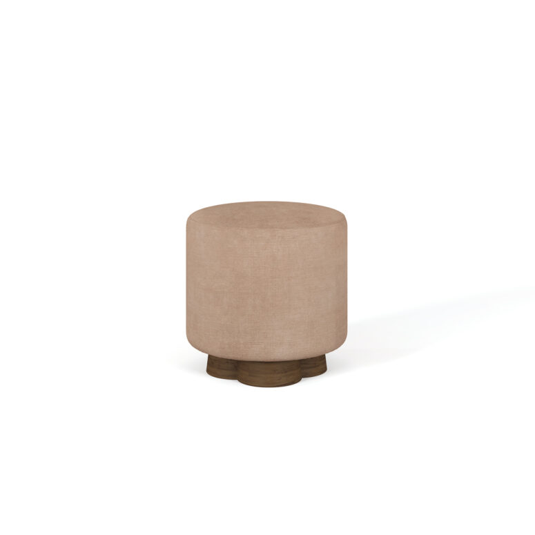 Side view of Mae Stool showcasing the wave-patterned walnut base and soft upholstered seat"