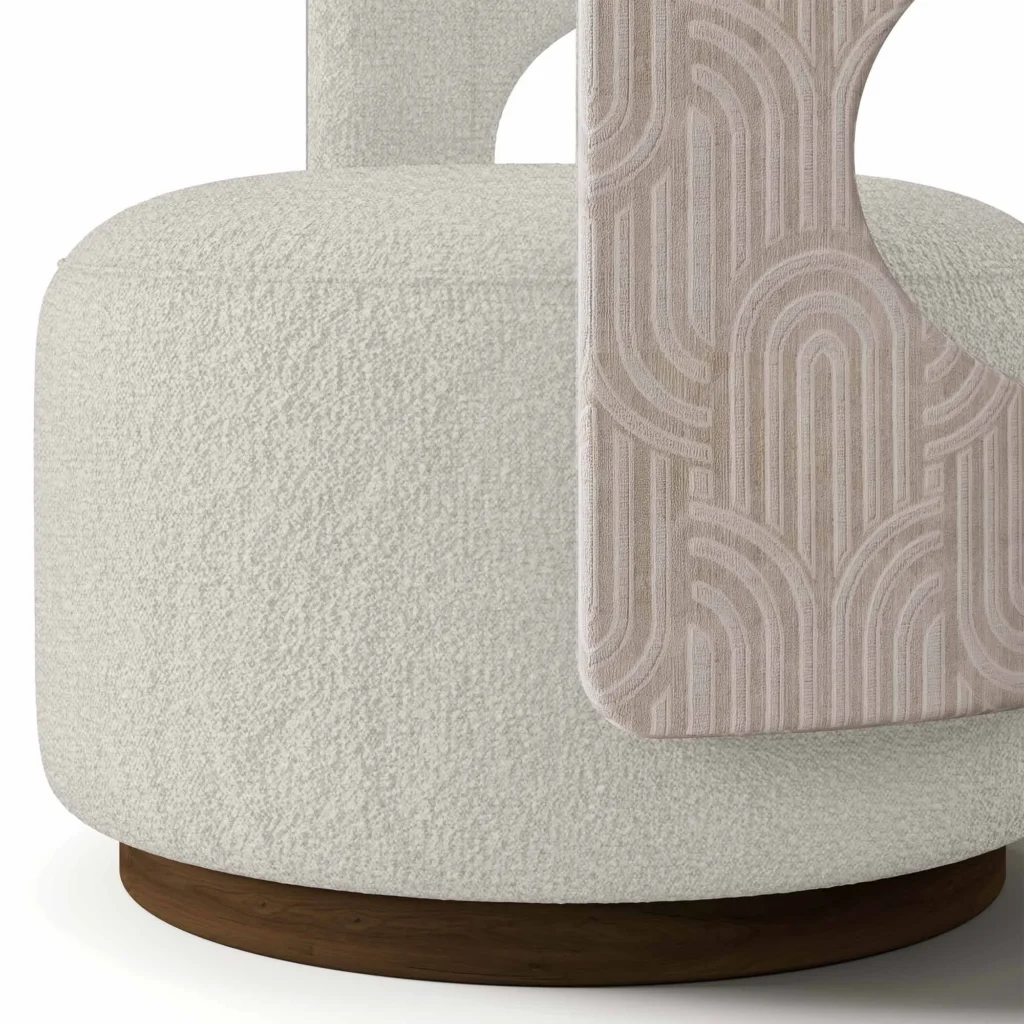 Tess bouclé armchair detail by Nolita Harbour, luxury accent chair with sculptural shell and refined walnut structure.