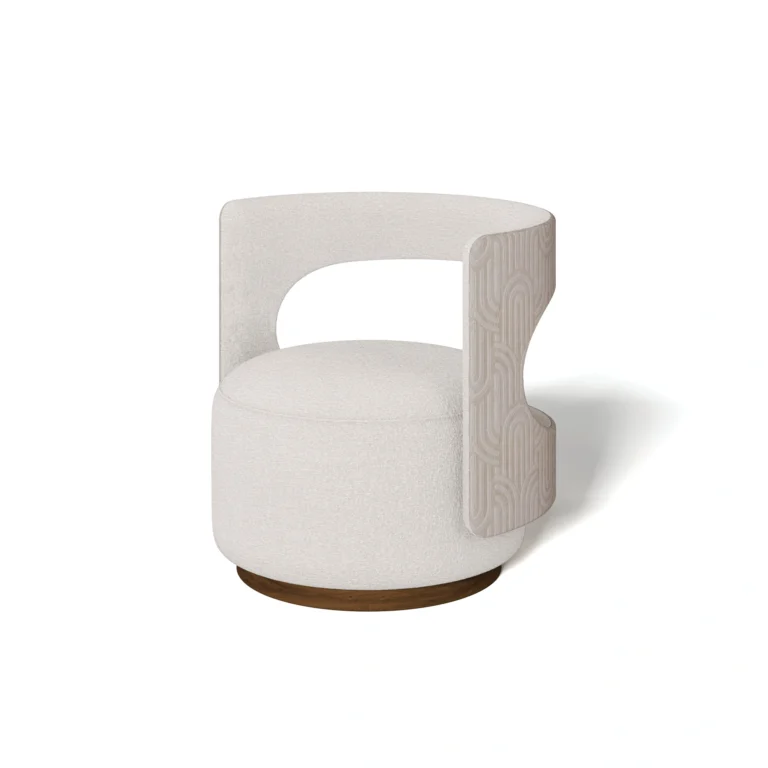 Tess armchair by Nolita Harbour, sculptural bouclé chair with continuous curved shell and elegant walnut frame.
