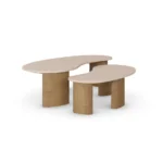 Amara Coffee Table by Nolita Harbour, coffee table in book-matched marble with oak base, sculptural design.