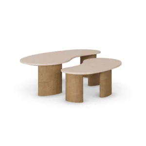 Amara Coffee Table by Nolita Harbour, coffee table in book-matched marble with oak base, sculptural design.