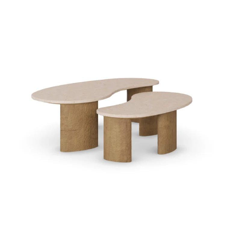Amara Coffee Table by Nolita Harbour, coffee table in book-matched marble with oak base, sculptural design.