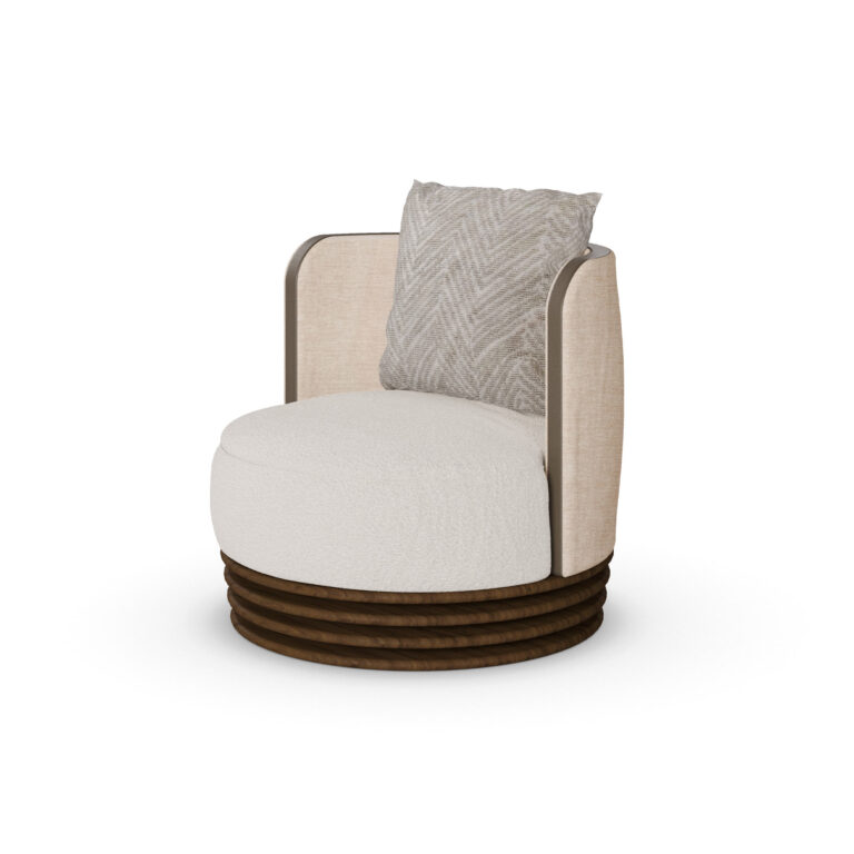 Beige and cream luxury armchair with patterned cushion and ribbed walnut base, designed by Nolita Harbour. 45 degreee