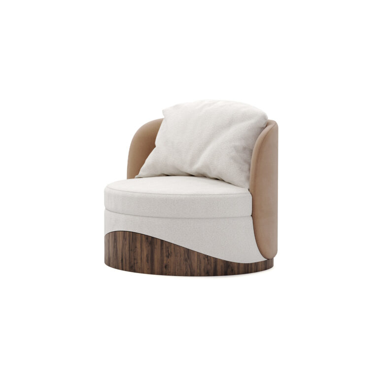 Round luxury armchair with cream fabric, beige accents, and a walnut wood wavy base, featuring a plush cushion, designed by Nolita Harbour.