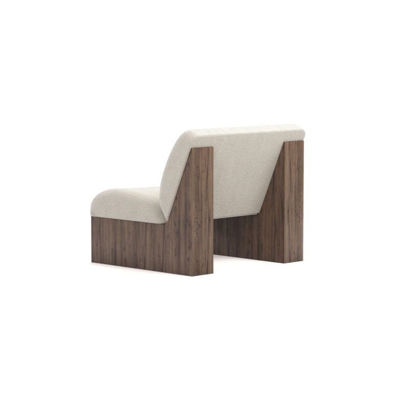 Modern armchair with cream upholstery, featuring ribbed walnut base and plush seating, designed by Nolita Harbour. 45 degree