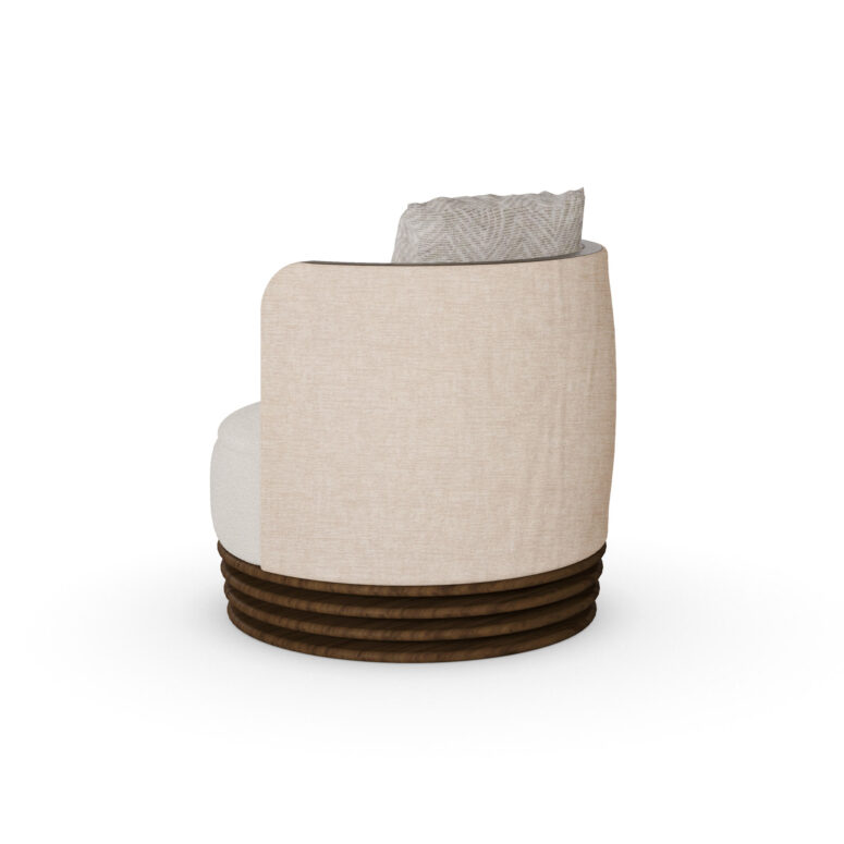 Beige and cream luxury armchair with patterned cushion and ribbed walnut base, designed by Nolita Harbour. 45 degree back