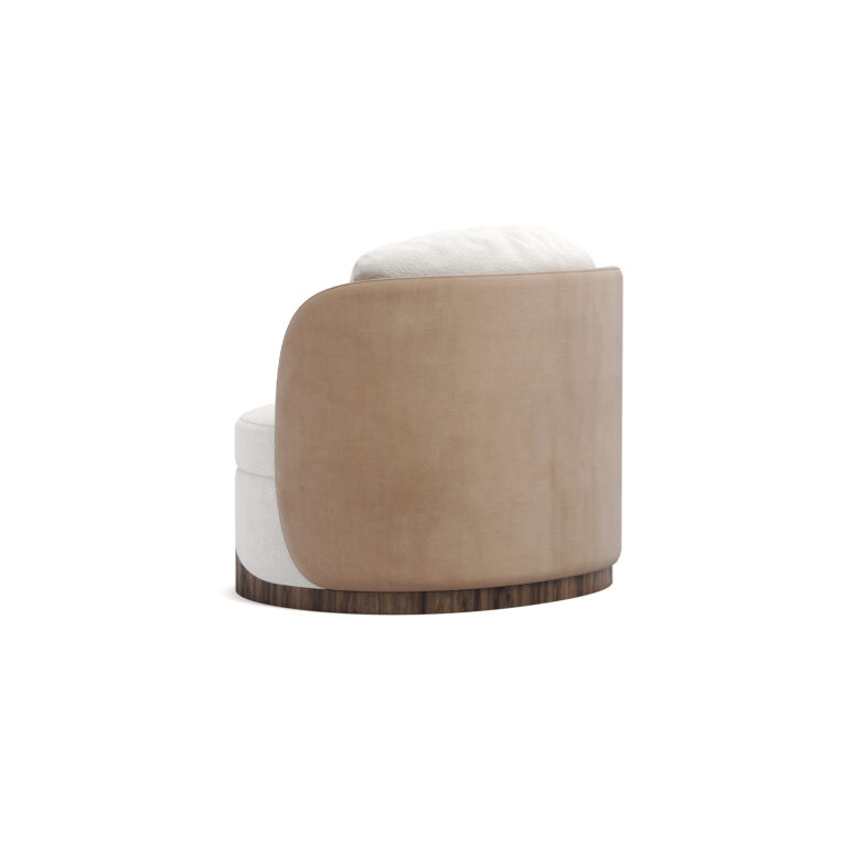 Round luxury armchair with cream fabric, beige accents, and a walnut wood wavy base, featuring a plush cushion, designed by Nolita Harbour. Side view