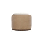 Round luxury armchair with cream fabric, beige accents, and a walnut wood wavy base, featuring a plush cushion, designed by Nolita Harbour. Back view