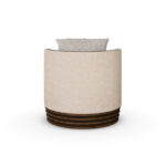 Beige and cream luxury armchair with patterned cushion and ribbed walnut base, designed by Nolita Harbour. back view