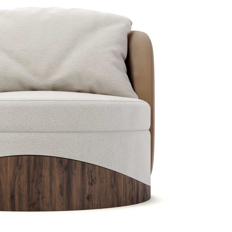 Round luxury armchair with cream fabric, beige accents, and a walnut wood wavy base, featuring a plush cushion, designed by Nolita Harbour. Detail view