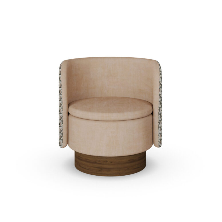 Beige luxury armchair with patterned fabric back and sides, and a walnut base, designed by Nolita Harbour.