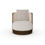 Beige and cream luxury armchair with patterned cushion and ribbed walnut base, designed by Nolita Harbour. front view