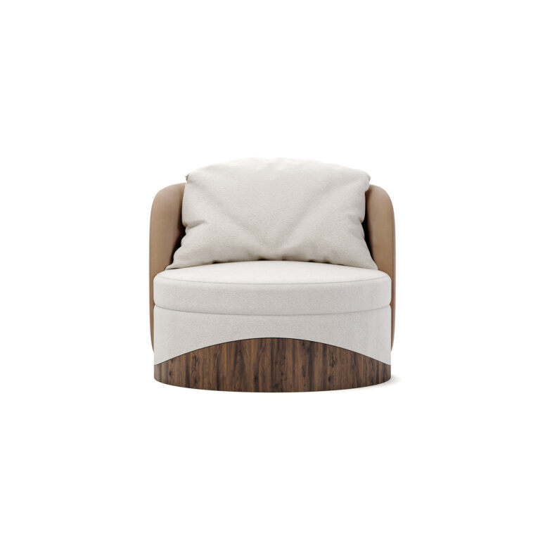 Round luxury armchair with cream fabric, beige accents, and a walnut wood wavy base, featuring a plush cushion, designed by Nolita Harbour. Front view