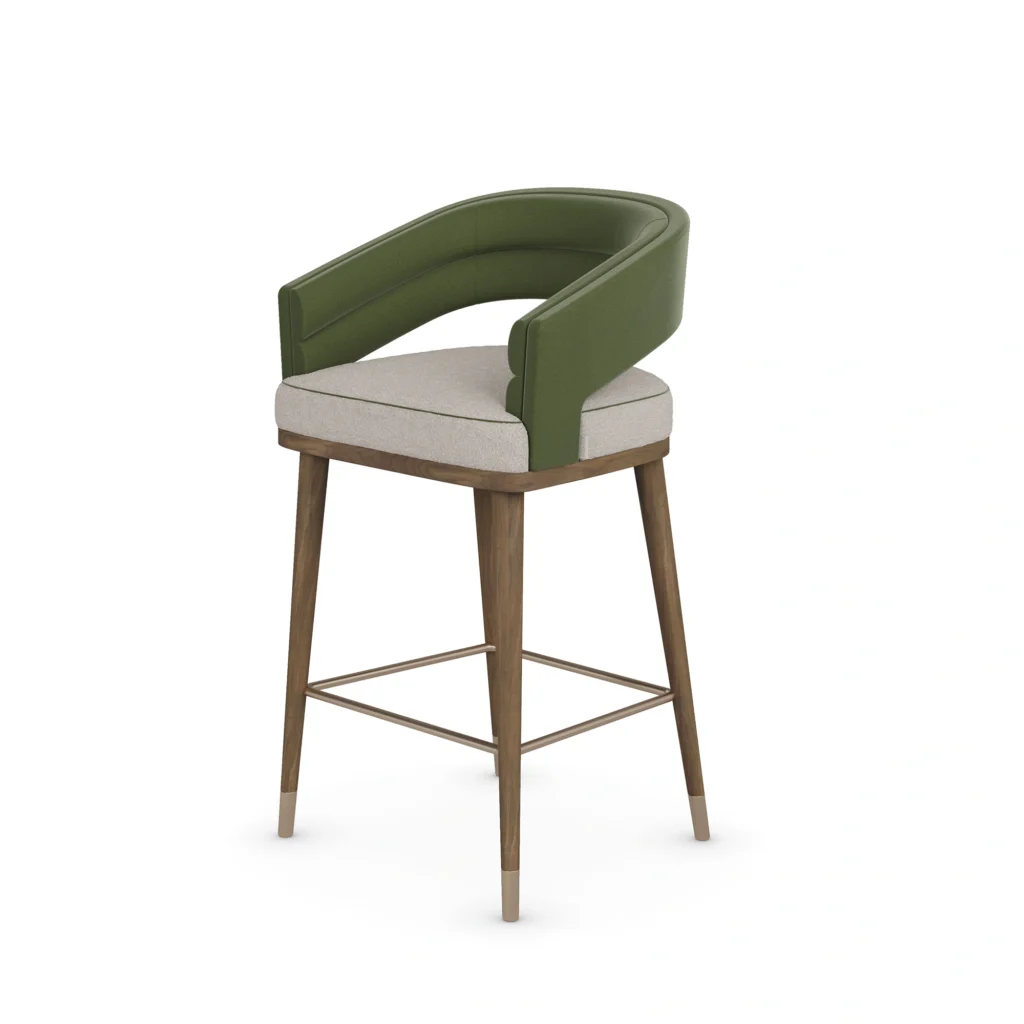 Ava bar chair by Nolita Harbour, velvet bar stool with walnut frame and brass details, sculptural wraparound design.