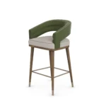 Ava bar chair by Nolita Harbour, velvet bar stool with walnut frame and brass details, sculptural wraparound design.