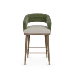 Ava contemporary bar chair by Nolita Harbour, velvet upholstered stool with wraparound back, walnut frame, and brass accents.