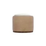 Balli contemporary armchair by Nolita Harbour, velvet and bouclé lounge chair with rounded form and walnut plinth.