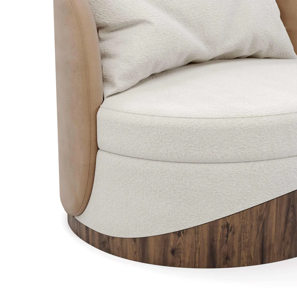Balli designer armchair detail by Nolita Harbour, sculptural upholstered chair with circular seat, velvet wrap, and walnut base.