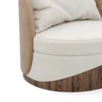 Balli designer armchair detail by Nolita Harbour, sculptural upholstered chair with circular seat, velvet wrap, and walnut base.