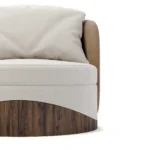 Balli luxury armchair detail by Nolita Harbour, sculptural velvet and bouclé chair with rounded shell and walnut base.