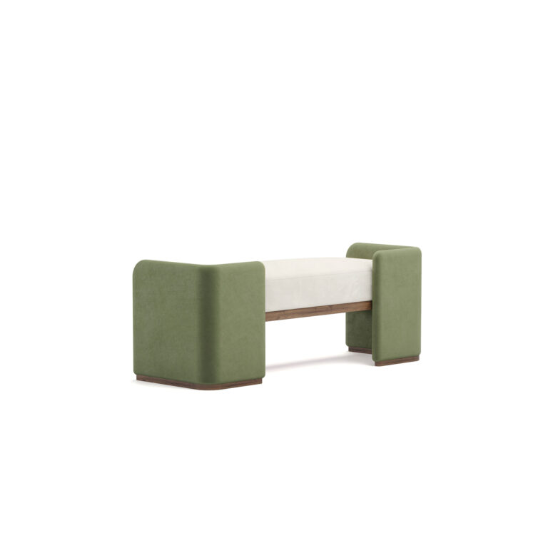 Luxury bench with ivory upholstered seat, green fabric ends, and walnut base, designed by Nolita Harbour. 45 degree back view