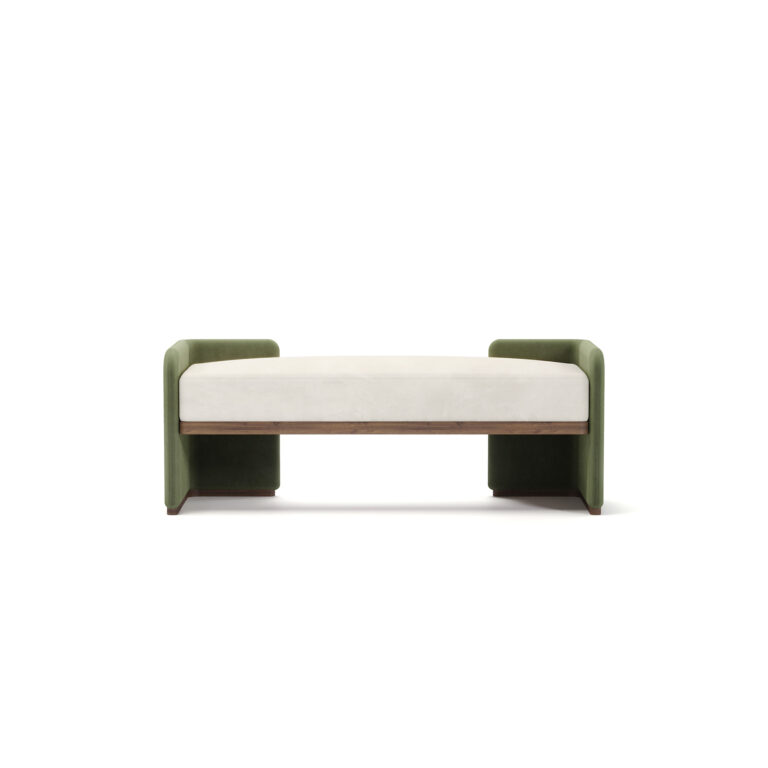 Luxury bench with ivory upholstered seat, green fabric ends, and walnut base, designed by Nolita Harbour. Front view