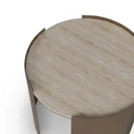 Bria Side Table, a refined side table by Nolita Harbour that combines travertine stone and brass for a balanced look.