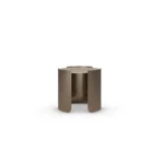 Bria Side Table, an elegant side table by Nolita Harbour in travertine and polished brass, with a clean geometric form.