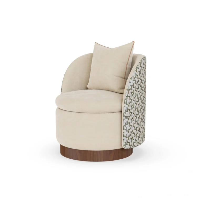 Carrie armchair by Nolita Harbour, velvet upholstered armchair with walnut plinth and sculptural rounded silhouette.