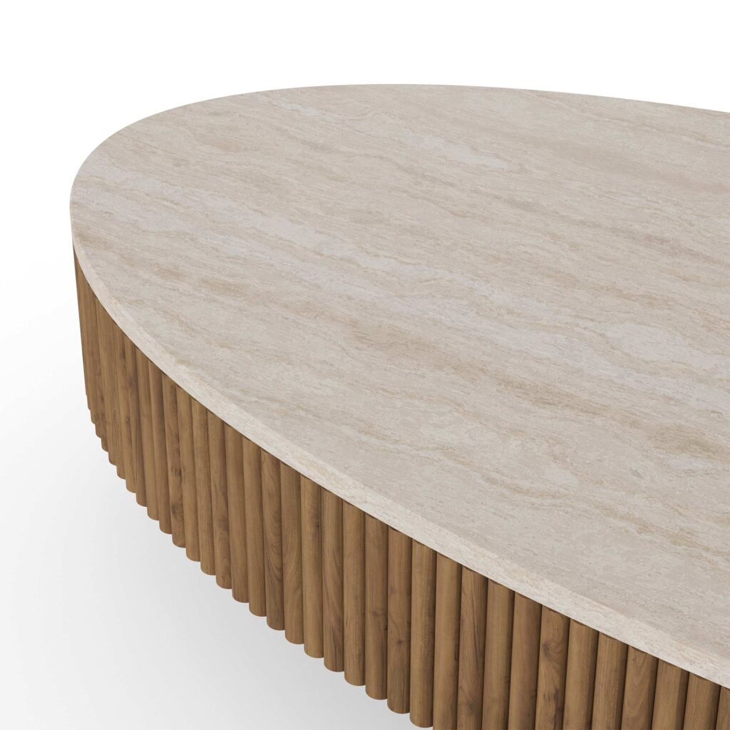 Round Matti coffee table with a travertine top and ribbed walnut base, designed by Nolita Harbour. detail view