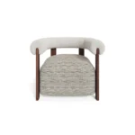 Claire walnut armchair by Nolita Harbour, upholstered accent chair with cylindrical arms and calm architectural lines.