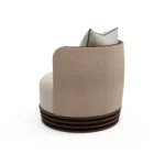 Dawn contemporary armchair by Nolita Harbour, bouclé upholstered chair with rounded silhouette and sculptural wood base.