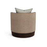 Dawn designer armchair by Nolita Harbour, bouclé lounge chair with circular seat, wraparound back, and ribbed walnut plinth.