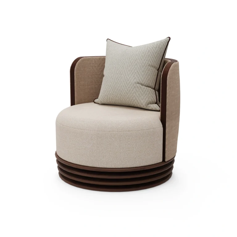 Dawn armchair by Nolita Harbour, bouclé upholstered armchair with ribbed walnut base and sculptural rounded silhouette.