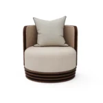Dawn armchair by Nolita Harbour, sculptural bouclé chair with wraparound back and refined walnut base.