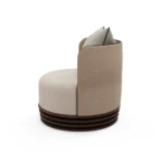 Dawn luxury armchair by Nolita Harbour, curved bouclé chair with ribbed walnut detailing and calm architectural form.