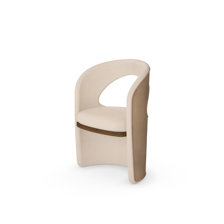 Beige luxury dining chair with a curved open-back design, linen upholstery, and walnut accent detail by Nolita Harbour. 45 degree