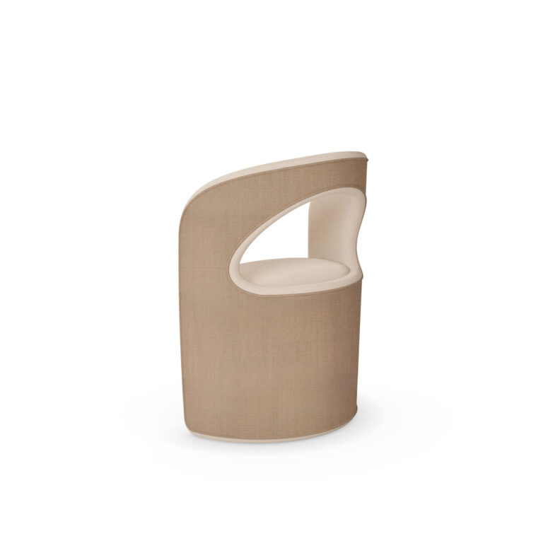 Beige luxury dining chair with a curved open-back design, linen upholstery, and walnut accent detail by Nolita Harbour. 45 degree