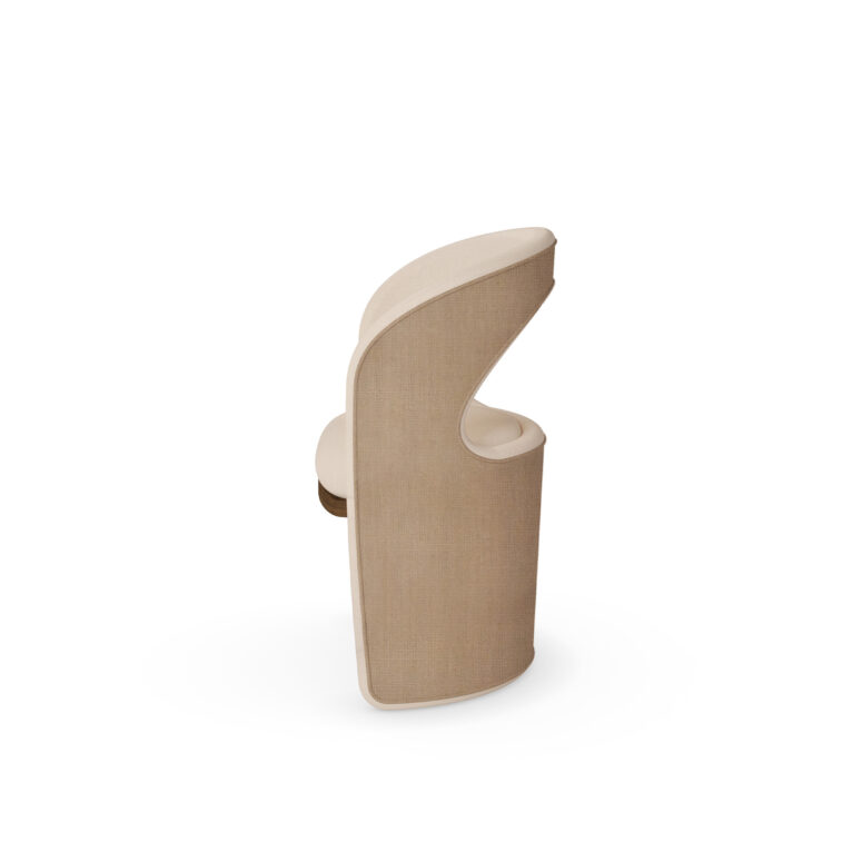 Beige luxury dining chair with a curved open-back design, linen upholstery, and walnut accent detail by Nolita Harbour. Side view