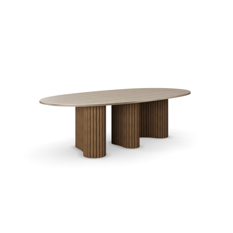 Santi dining table with travertine top, brass frieze, and ribbed walnut matte base. 45 degree view